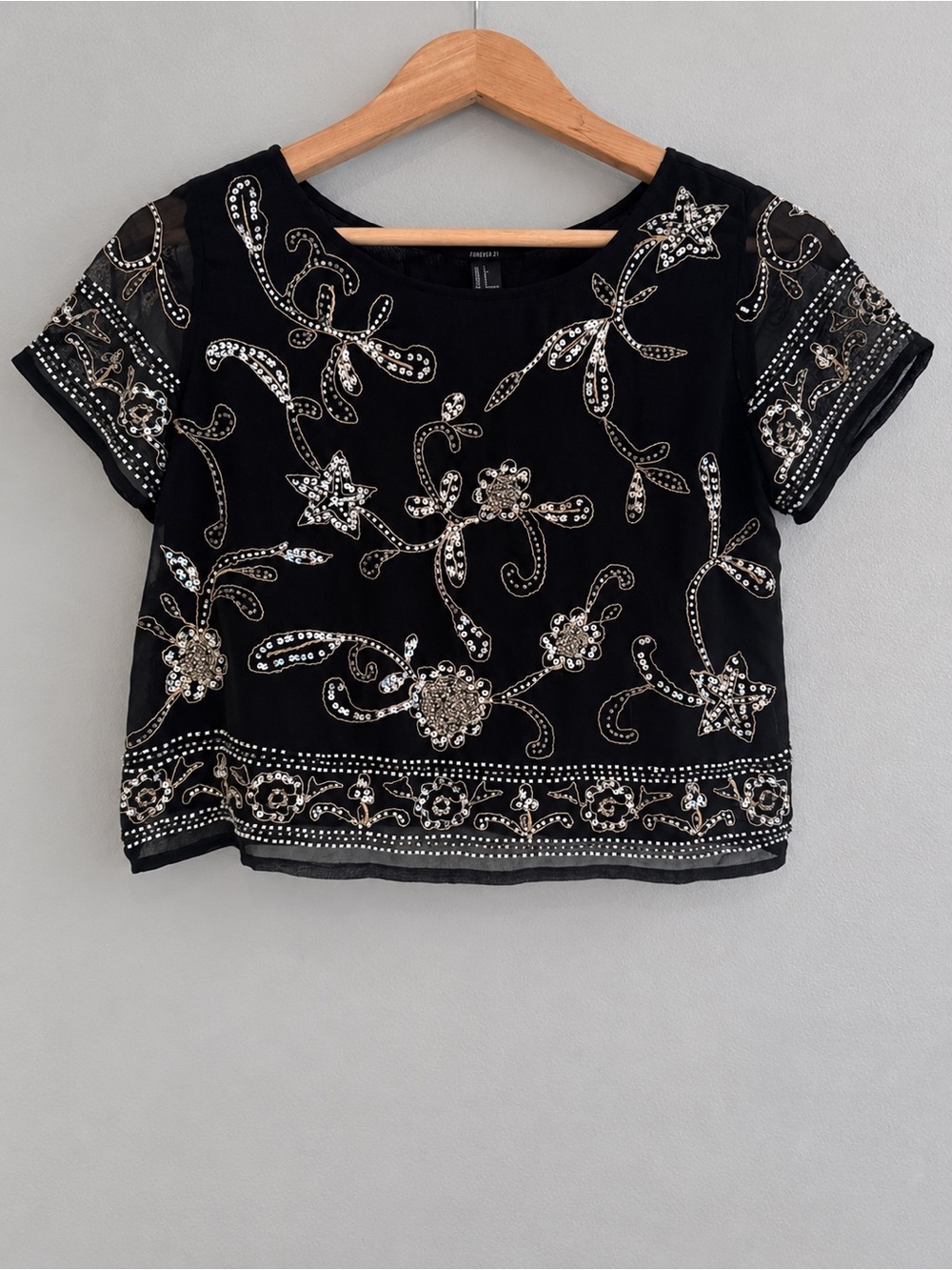 Forever 21 Black Sequin Beaded Floral Embroidered Sheer Blouse Top Small